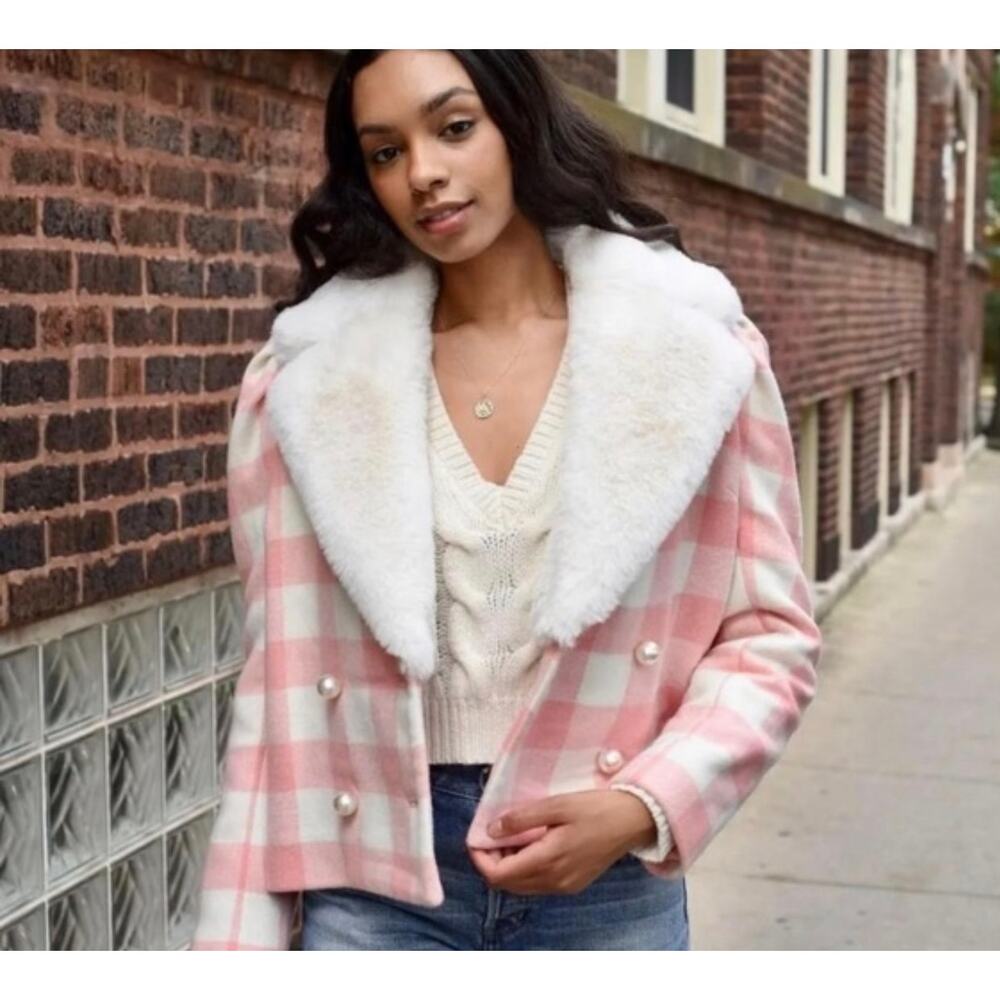 LoveShackFancy Dumont Wool Blend  Faux Fur Collar in Crisp Peach/White SIZE XS